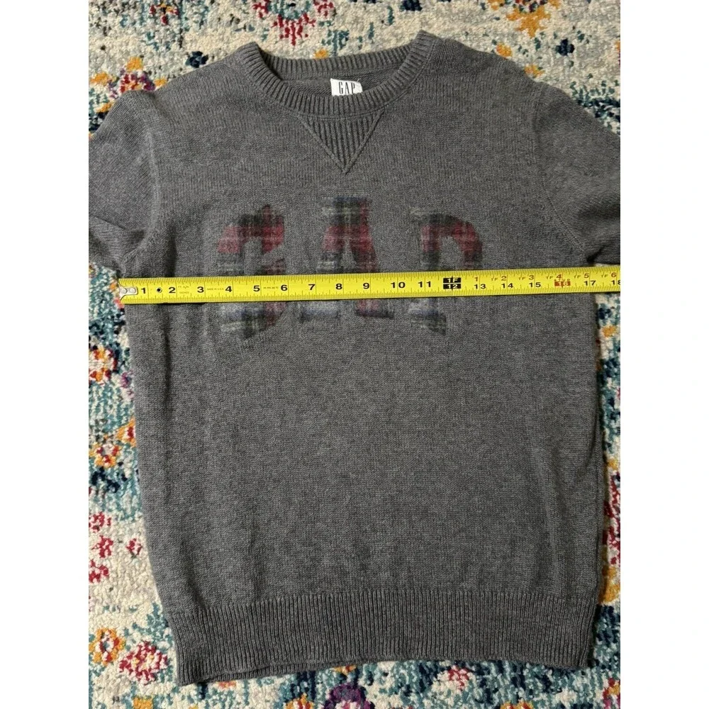 GAP Kids Gray Cotton Tartan‎ Plaid Logo Crewneck Sweater Size XL Festive Xmas